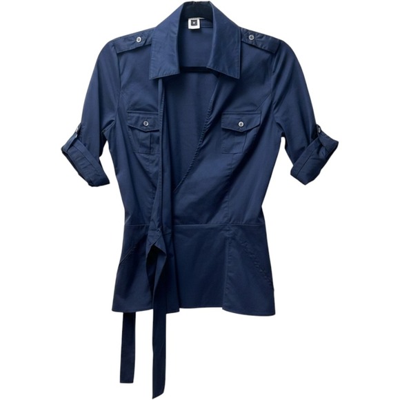 Diane Von Furstenberg Tops - Diane von Furstenberg Navy Blue Utility Wrap Top Peplum Short Sleeve Blouse Sz 8